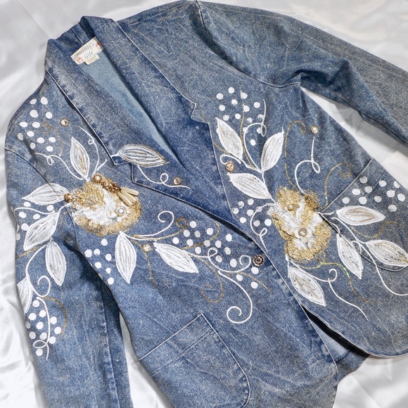 Unique VTG 80s Painted Bejeweled Blue Denim Jacket M L Lace Tuesdays Gift - Picture 10 of 15